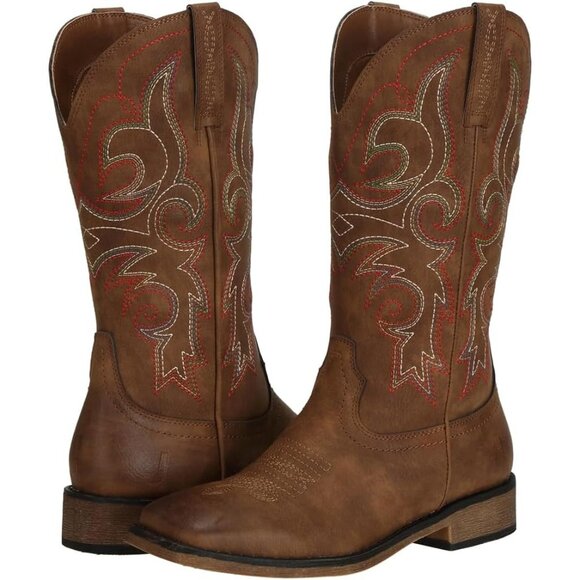 ⚡Women's Brown Square Toe Cowgirl Cowboy Boots Mid Calf With Chunky Heel - Picture 3 of 9